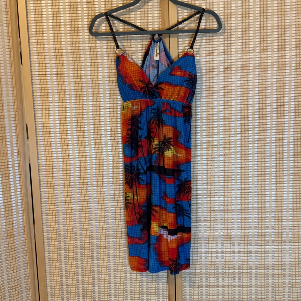 T-Line Tropical Palm Tree Sunset Mini Dress Braided Straps Blue Orange OSFA
